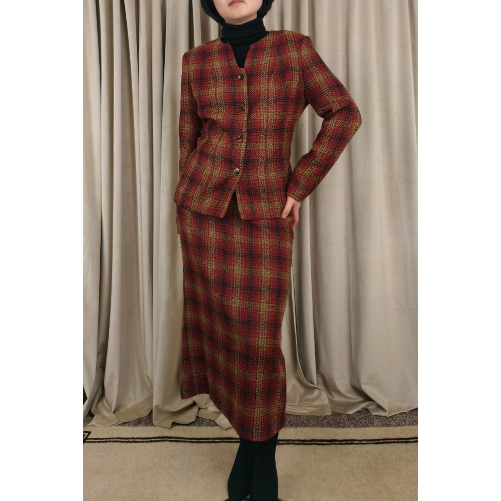 Vintage Adolfo Plaid Red and Gokd Plaid Skirt Suit Set